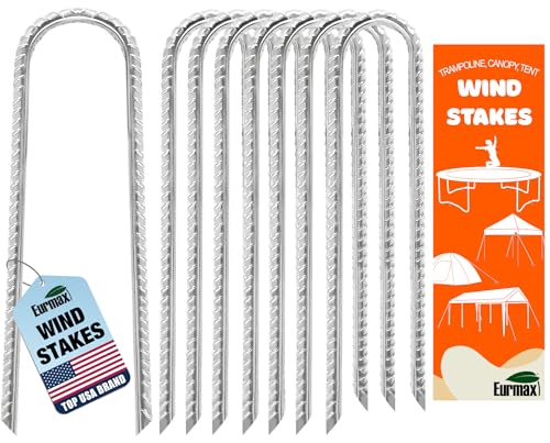 Eurmax USA Strong Trampoline Anchor Stake High Wind, Ground Anchors Heavy Duty, Tent Stakes,Trampoline Accessories, Swing Set Anchors, Ground Stakes, Pack of 8(Silver)